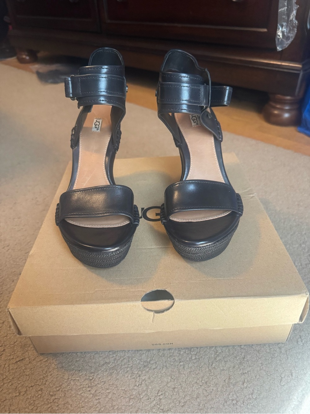 UGG Black Leather Wedge Sandals with Ankle Strap